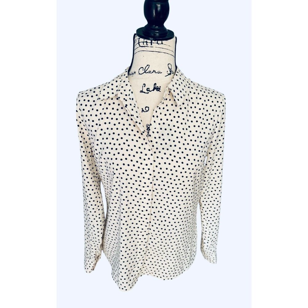 Express Portofino Shirt Small Cream Black Polka Dot Button Down Blouse Silk-Feel